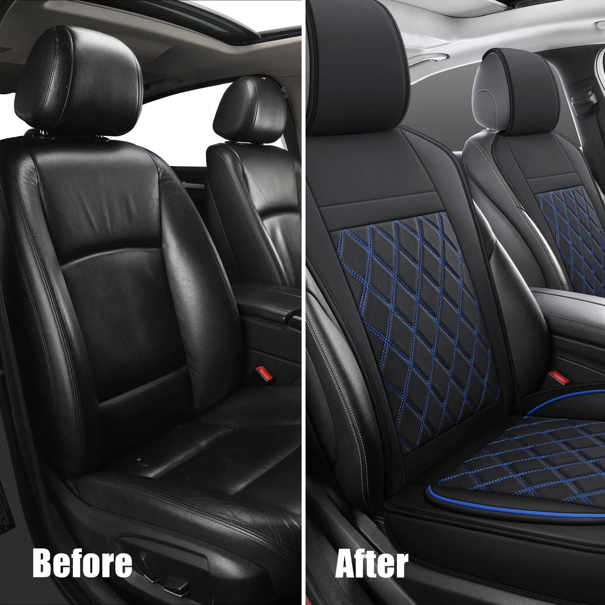 Universal Front Car Seat Covers for 2 Seats, Black-Blue Trim, Stylish Interior Upgrade for Cars SUVs Trucks, Full Surround Anti-Wear Waterproof Front Seat Protector