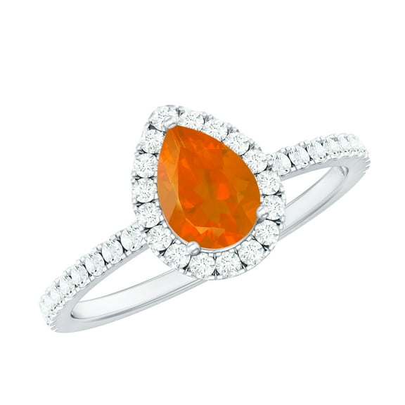 Rosec Jewels Fire Opal Teardrop Ring for Women with Diamond Halo - 5X7 mm (AAA Quality), 925 Sterling Silver, US 4.00