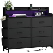 GIKPAL Black Dresser with LED Lights, 6 Drawer Fabric Dresser Wide Chest Of Drawers Nightstand With Side Pocket for Bedroom Living Room