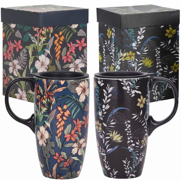 Topadorn 2-piece Ceramic Travel Cup with Lid and Handle 17 oz Large Ceramic Latte Teacup with Color Box Coffee Cup Flower