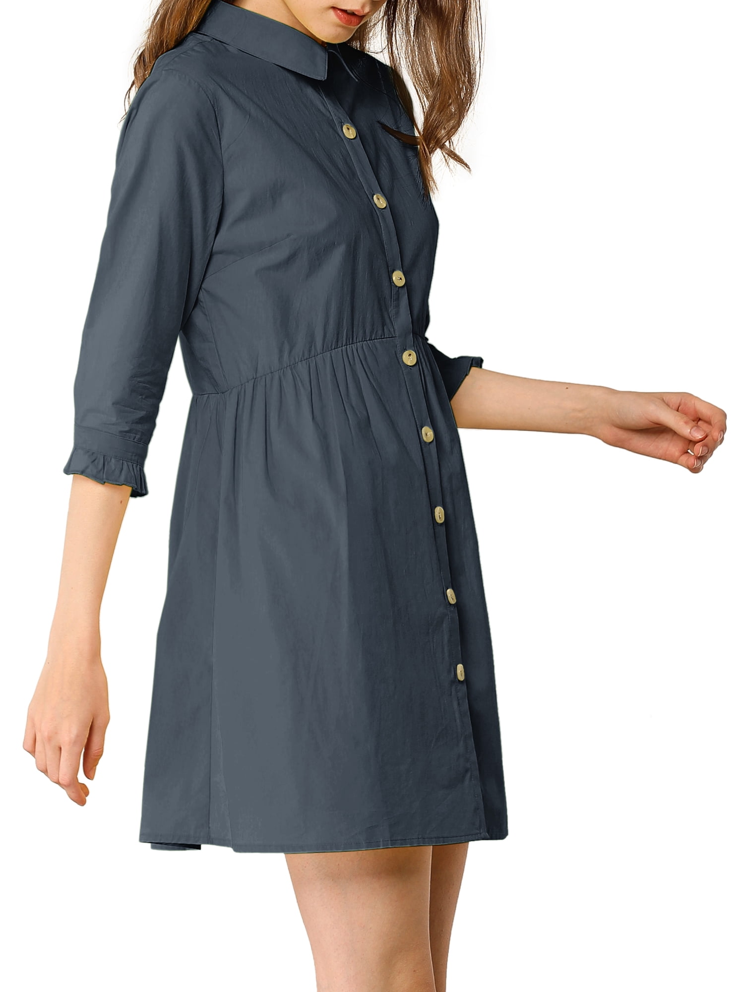 DARING DIVA Elegant Collar Flare 3/4 Sleeve Button Mini Shirt Dress L Dark Blue