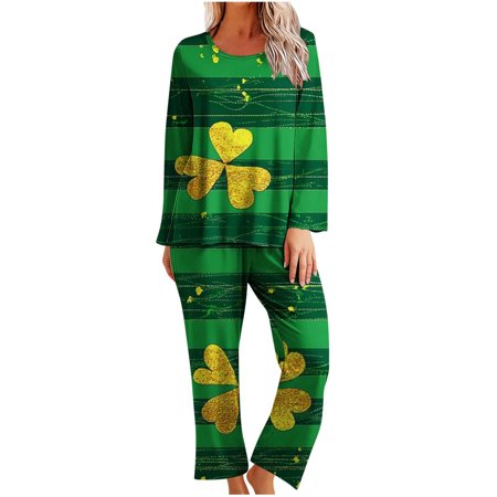 Women s St. Patrick s Day Printed Pajama Set Plus Size Sleepwear 2-Piece Long Sleeve Top & Loose Pants Casual Cozy Home Loungewear