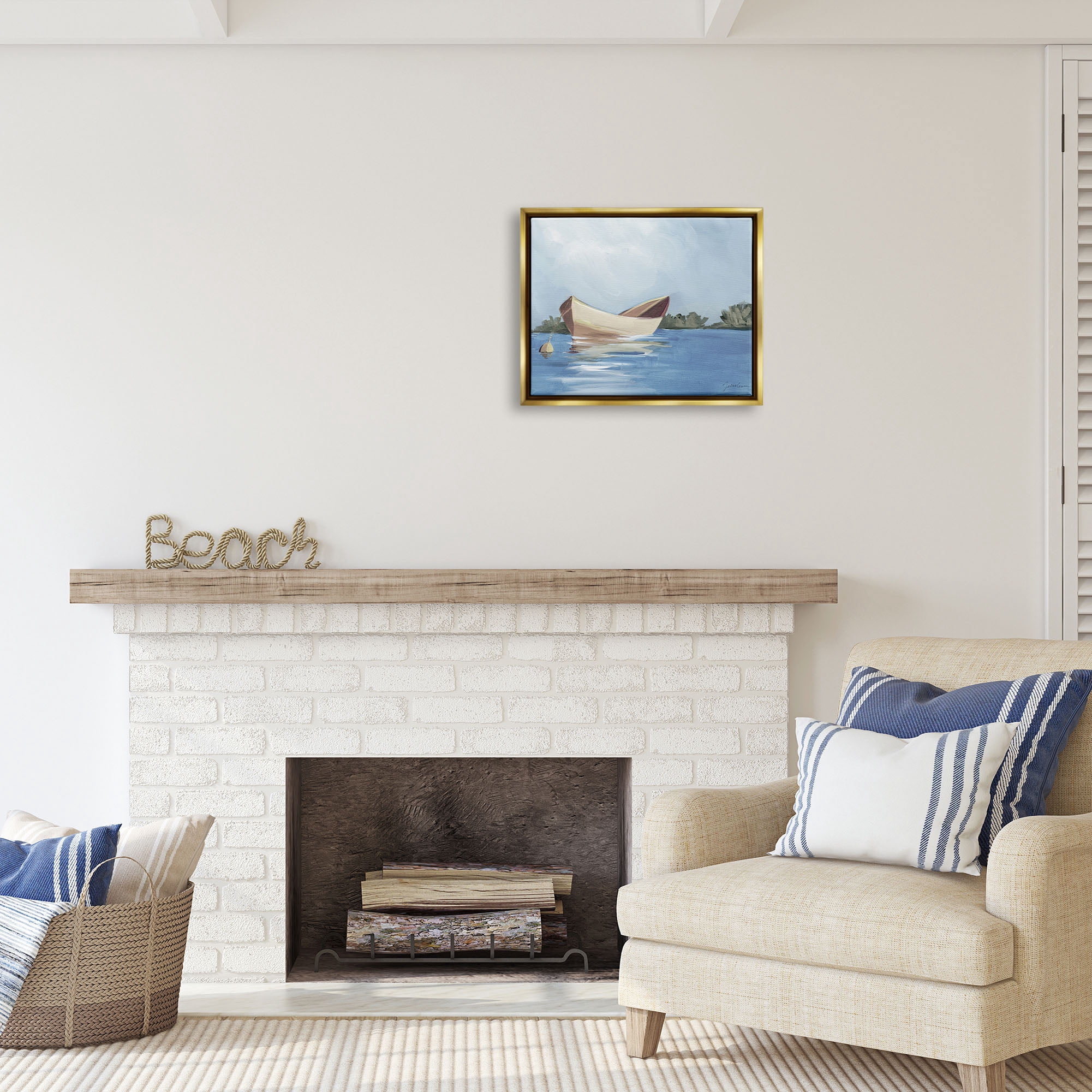 Stupell Industries Boat Floating on Lake Transportation Painting Gold Floater Framed Art Print Wall Art, 21 x 17