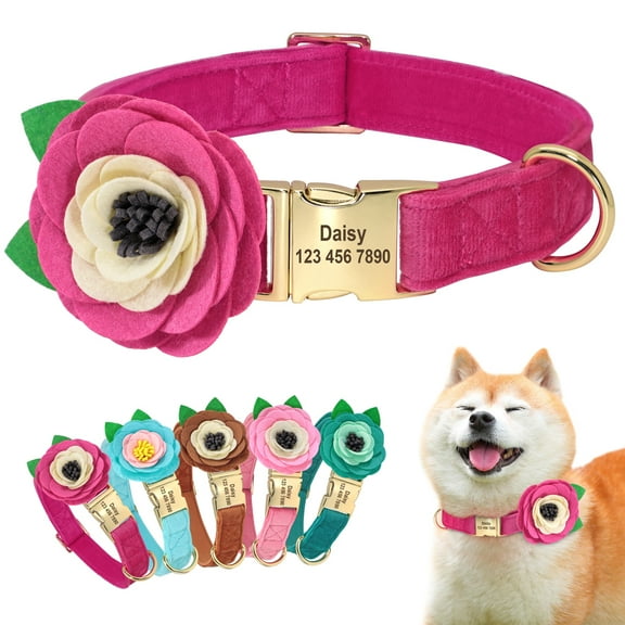 Didog Personalized Dog Collar Removable Flower Engraved Metal Name Adjustable S M L