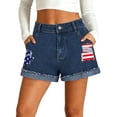 thumbnail image 2 of MaFYtyTPR Women's High-Waisted Denim Shorts Flag Printed Straight Leg Stretchy Dark Wash Jean Shorts 01-Blue L, 2 of 6