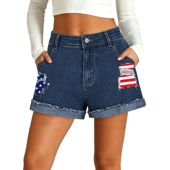 Pxxlle 4th of July Jean Shorts Womens High Waisted Beach Vacation Denim Shorts Independence Day Patriotic Shorts with Pockets Blue L