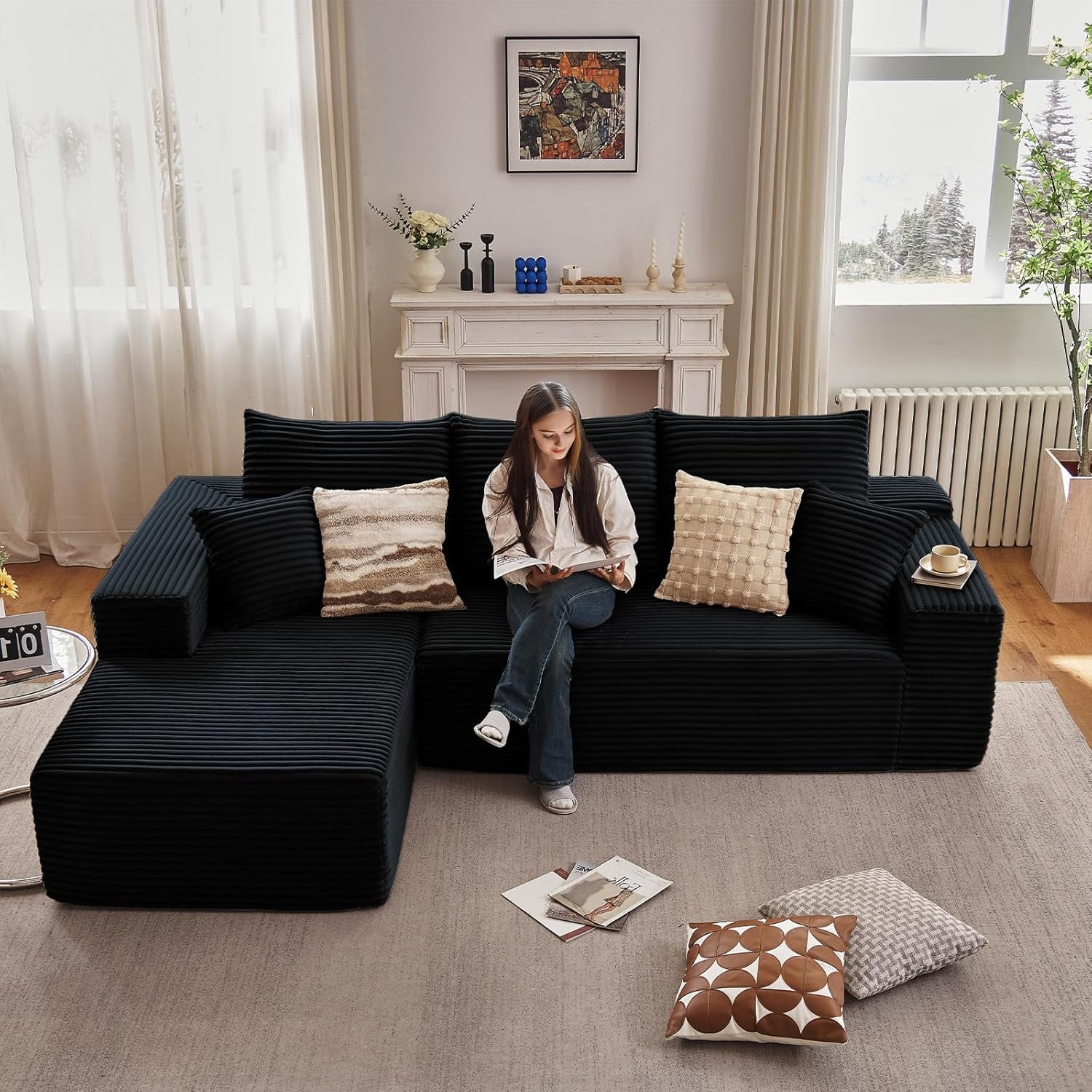 LUCKHAO Left-Facing Chaise Corduroy Tufted Sectional Sofas with 3 Large Cushions, Black