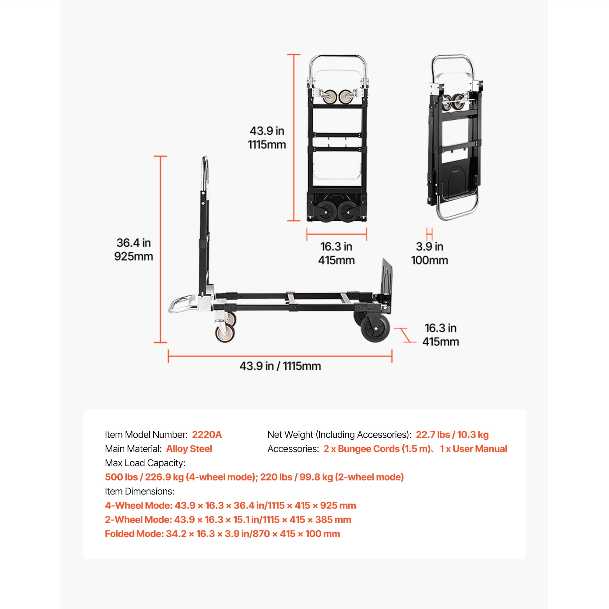 KFFKFF 2-in-1 Convertible Folding Hand Truck, 500 lbs Capacity in 4-Wheel Mode, Adjustable Handle Dolly with Wheels, Portable Cart for Home, Office, and Warehouse Transport