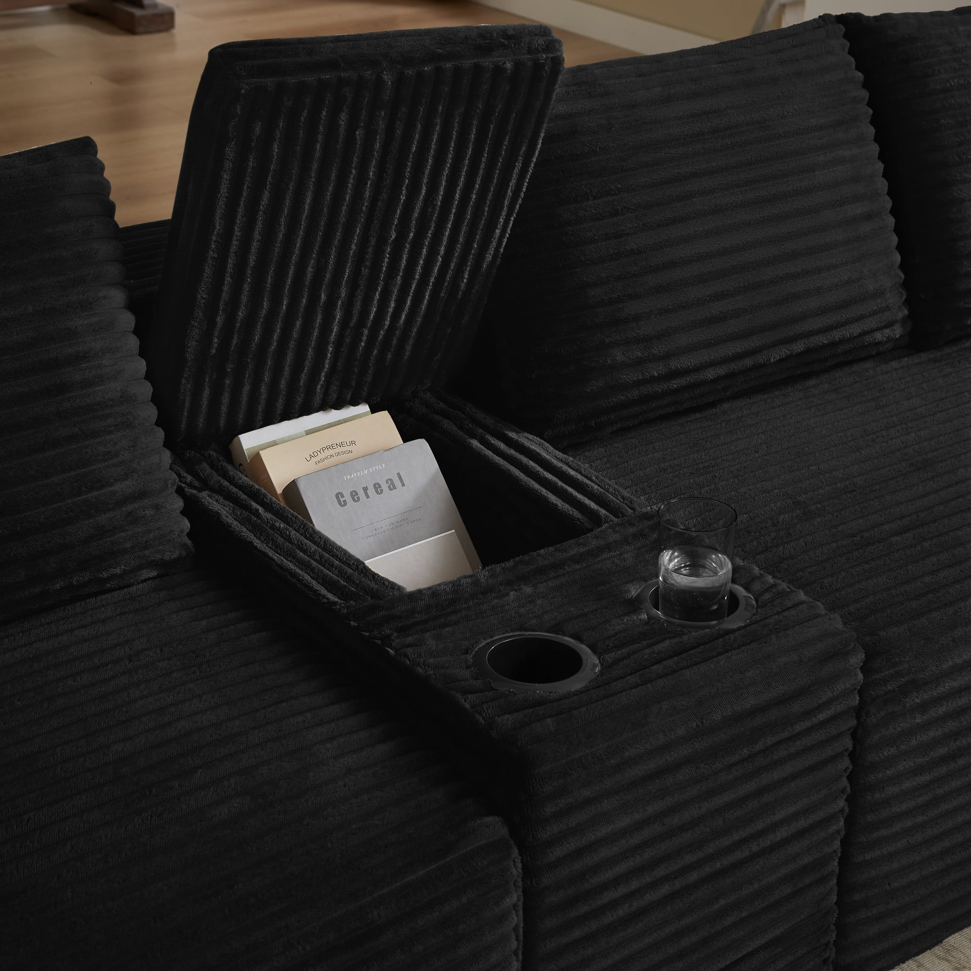 BSHTI 140.6" 5-Seat Corduroy U Shape Sectional Sofa with Cup Holder, Modular Design, No Assembly for Living Room（Black）