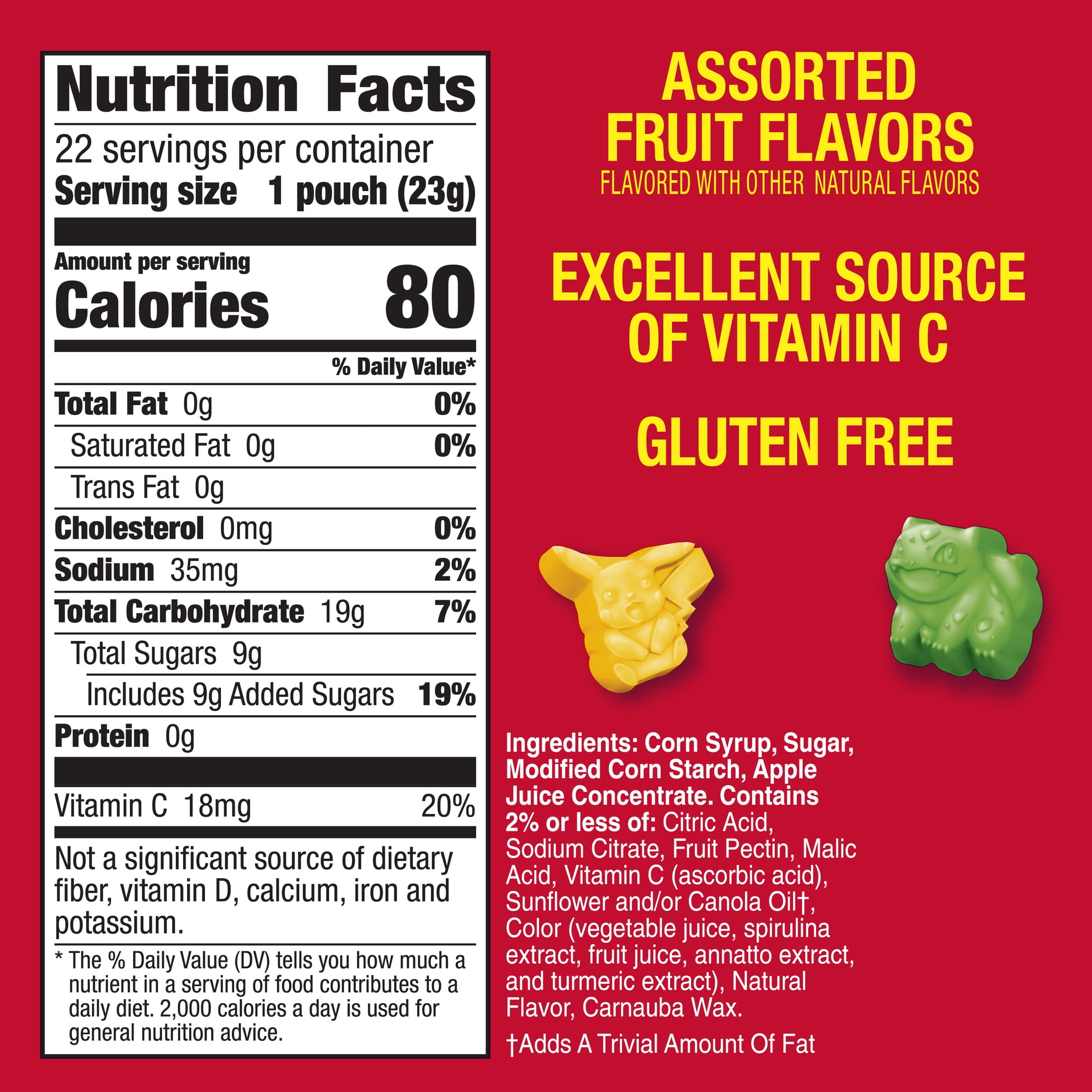 Pokemon Fruit Flavored Snacks, Fat Free and Gluten Free, Value Pack, 17.6 oz, 22 Pouches