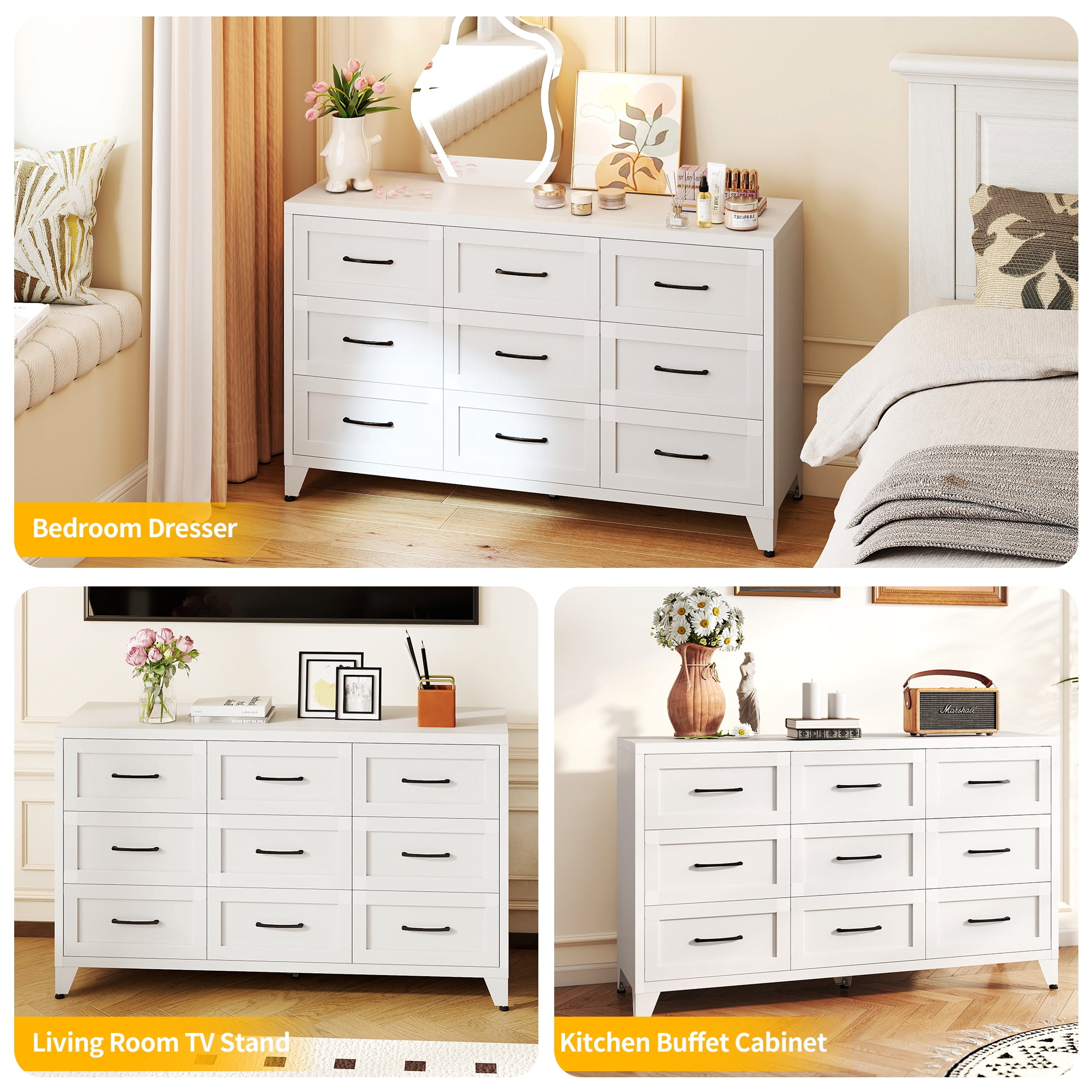 ShiKeyi 9 Drawer Dresser for Bedroom, Modern Metal Wide Storage Chest with Metal Handles and Legs, White