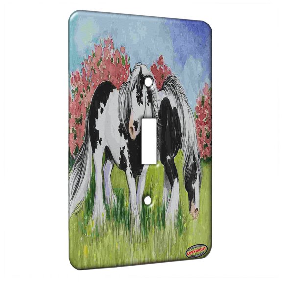 KuzmarK™ Single Gang Toggle Switch Wall Plate - Piebald Gypsy Cobs in Spring Horse Art by Denise Every