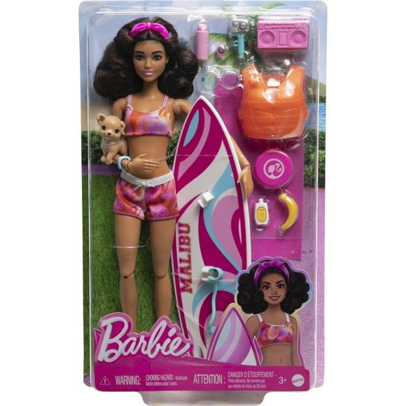 Muñeca de surf Barbie HPL69 con tabla de surf y accesorios para niños mayores de 3 años