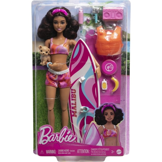 Muñeca de surf Barbie HPL69 con tabla de surf y accesorios para niños mayores de 3 años