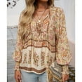 thumbnail image 3 of Defitshape Women's V Neck Floral Blouse Boho Top Long Sleeve Fall Lantern Sleeve Bohemian Soft Summer Holiday Fashion Shirt Apricot Medium, 3 of 4