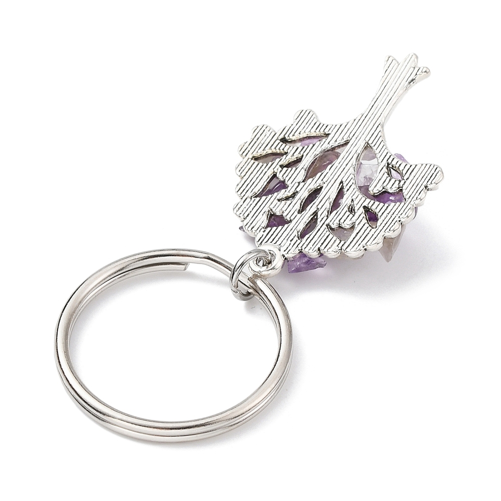 5sets Amethyst Chip & Alloy Tree of Life Keychain with Iron Split Key Rings 5.9~6.8cm