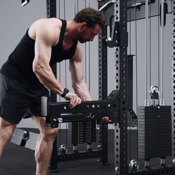 Mikolo Anubis-2.0 Smith Machine with Weight Stack, 3“×3” All-in-One Power Cage with LAT Pulldown & Cable Crossover, 3200LBS Multi-Function Trainer with Aluminum Pulley System with Weight Bench