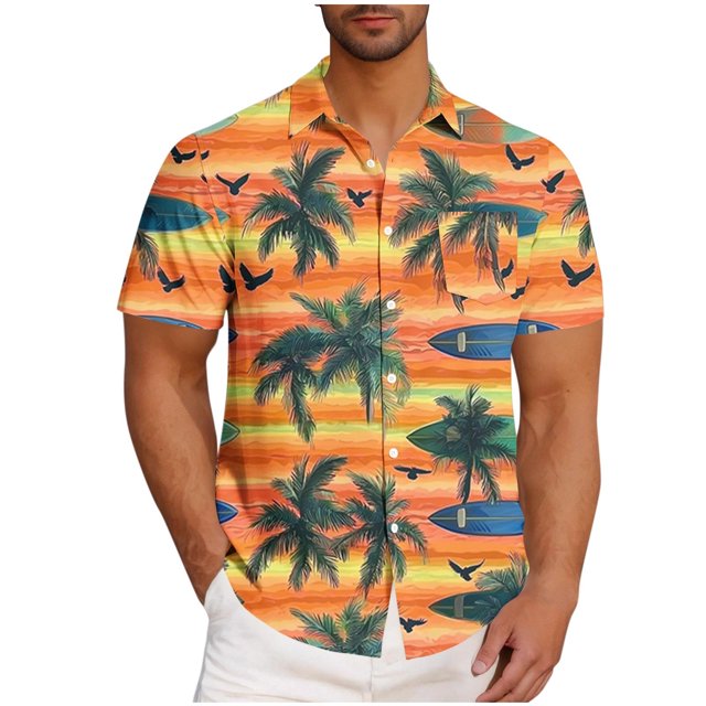 Mens Casual Manga Corta Botón Abajo Camisas Turndown Cuello Blusa de Impresión, Poliéster Ligero Top de la Moda para el Verano Al Aire Libre Y el Uso Diario