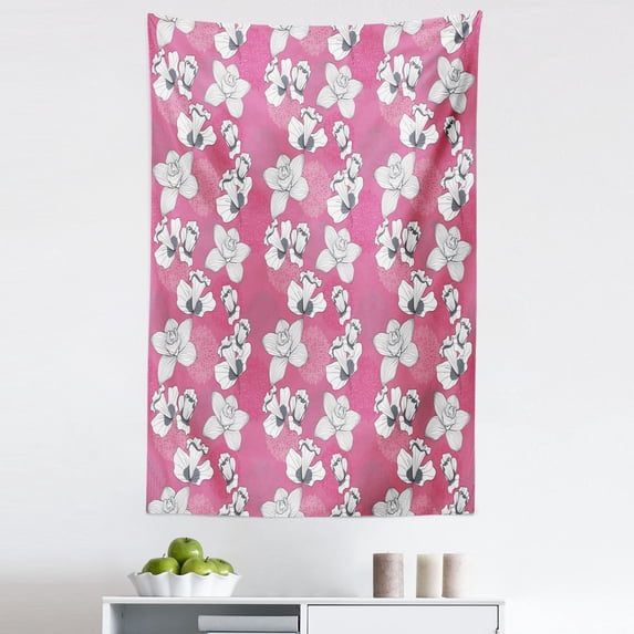 Garden Art Tapestry, Sketch Petals Background with Pastel Tones Monochrome Flower Motifs, Fabric Wall Hanging Decor for Bedroom Living Room Dorm, 5 Sizes, Pink Grey and White, by Ambesonne