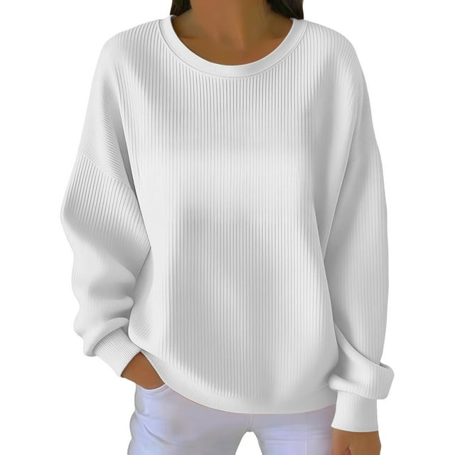 ManxiVoo Chandail en Molleton Basique à Col Rond pour Femmes Manches Longues Chandail-Over Polyvalent Confortable Taille m Blanc