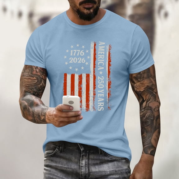 250 Anniversary Usa T Shirt for Men Fourth Of July Usa Flag Print Crew Neck Short Sleeve Tops Moisture Wicking Relaxed Fit Comfy Casual T Shirts, Light Blue, #01 Light Blue