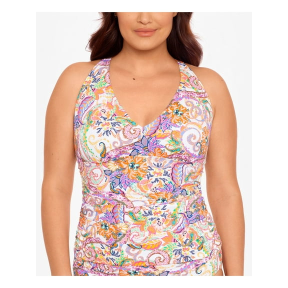 LAUREN RALPH LAUREN Women's Multi Color Paisley Tummy Control Side-Ruched Deep V Neck Tankini Swimsuit Top 20W