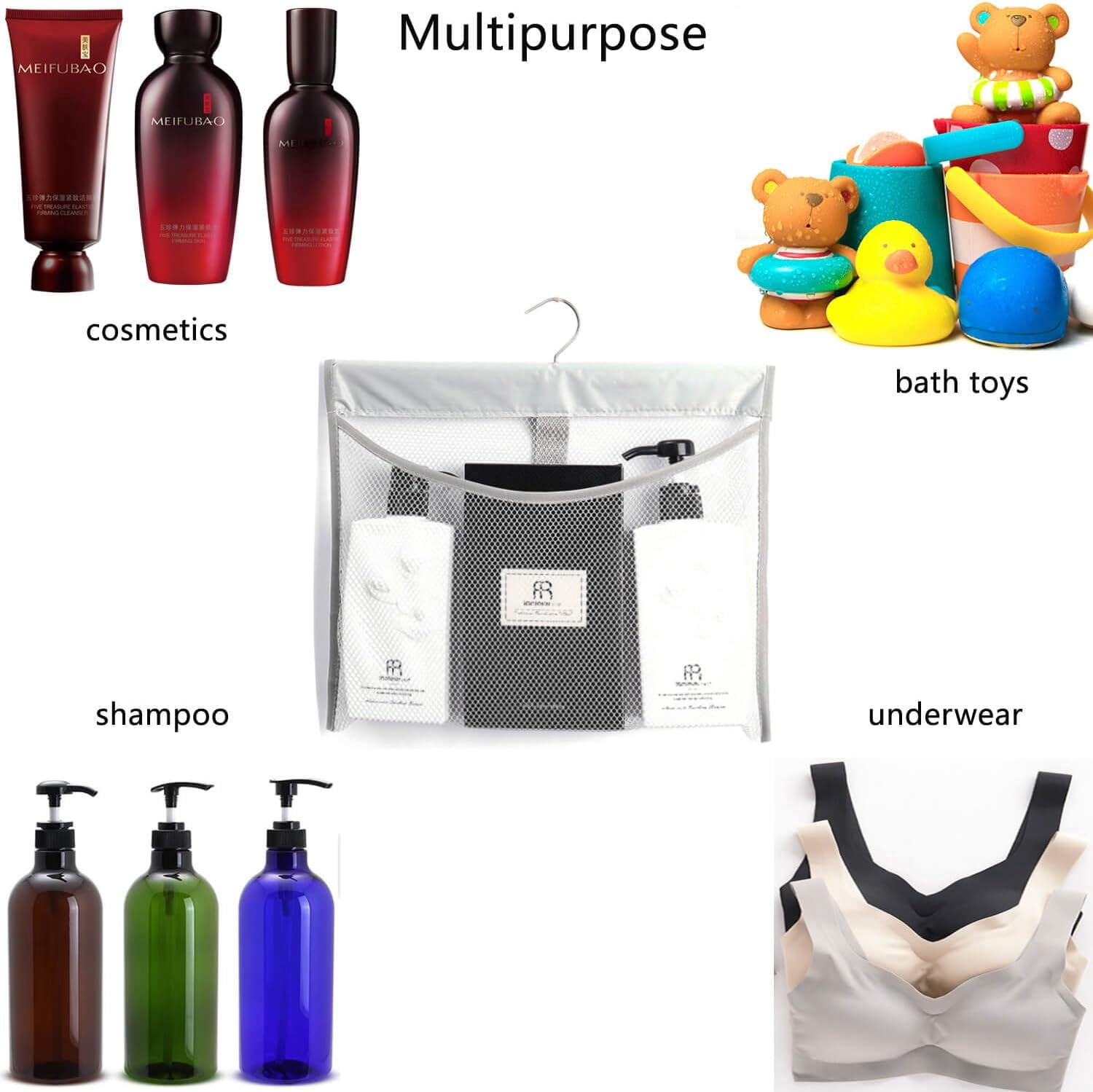 Hanging Mesh Shower Pockets for 34oz/1000ml Shampoo and Conditioner,Colorful Bath Toy organizer,Hanging Tandem Type Closet Accessories Storage Bag,Gray