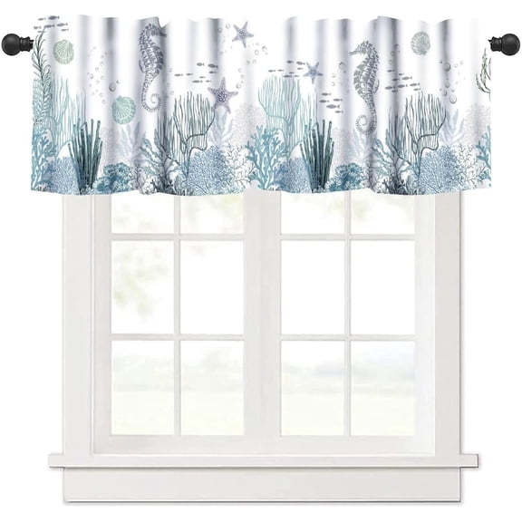 Nautical Coastal Kitchen Window Valance Curtains, Vintage Nautical Beach Starfish Seashell Blue Summer Ocean Window Treatment Valances for Bedroom Living Room Café Décor 54x18inch