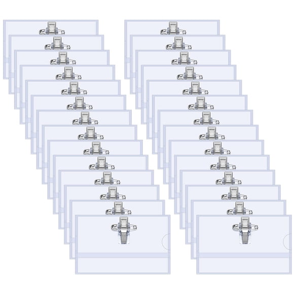 Paquete de 100 etiquetas de nombre de 90 x 56 mm, transparentes, con clip para etiquetas de nombre para ropa, estuche para etiquetas de nombre con clip para tarjetas de identificación para la