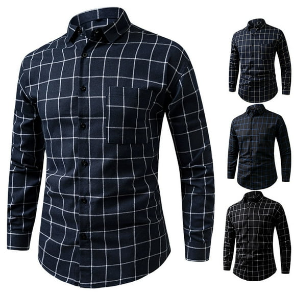 Txeol Men's Transitional Long Sleeve Button Down Shirts Fashuion Plaid Business Casual Dress Shirts with Pocket,Black,M