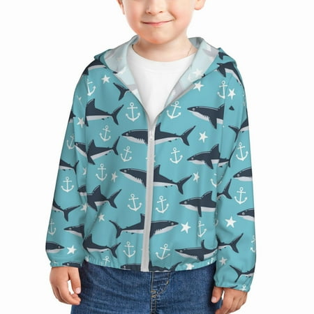 

Sun Hoodie for Kids Shark star anchor blue cute Long Sleeve Swim Fishing Shirts Sun Protection Zip Up Jacket Clothing Athletic Hoodie