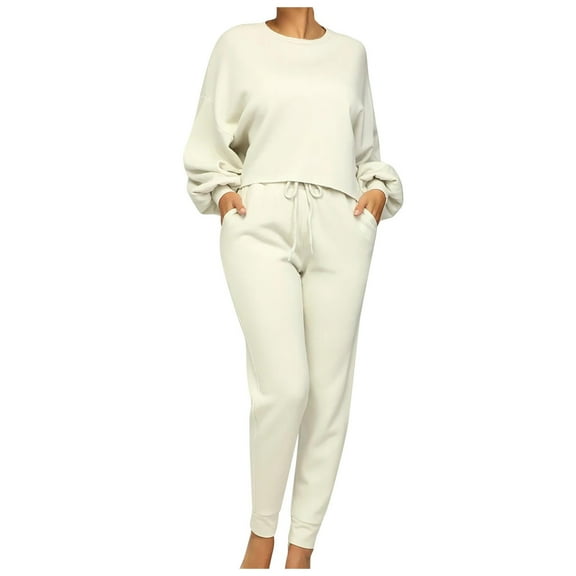 biudgviw Fall Outfits for Women Comfy Bell Long Sleeve Round Neck Sweatshirt Lounge Tapered Pants with Pockets Sets