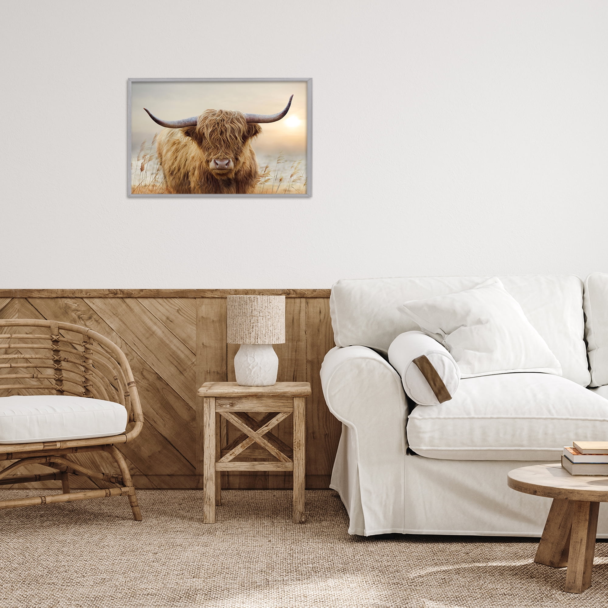 Stupell Industries Highland Cow & Warm Sunset Gray Framed Giclee Art, design by CAD Designs