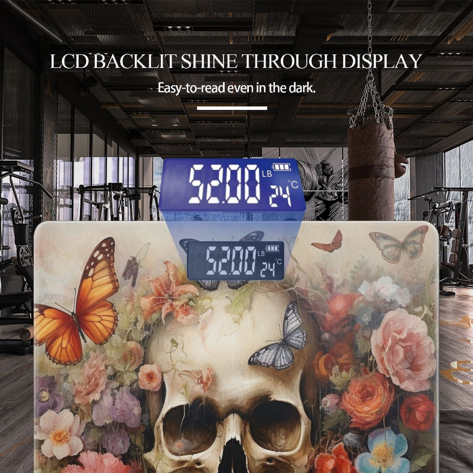Bathroom Scale, Highly Accurate Digital Body Scale,Precisely Measures Weight up to 400 lbs-Skull Surrounded By Flowers And Butterflies With Rich Colors