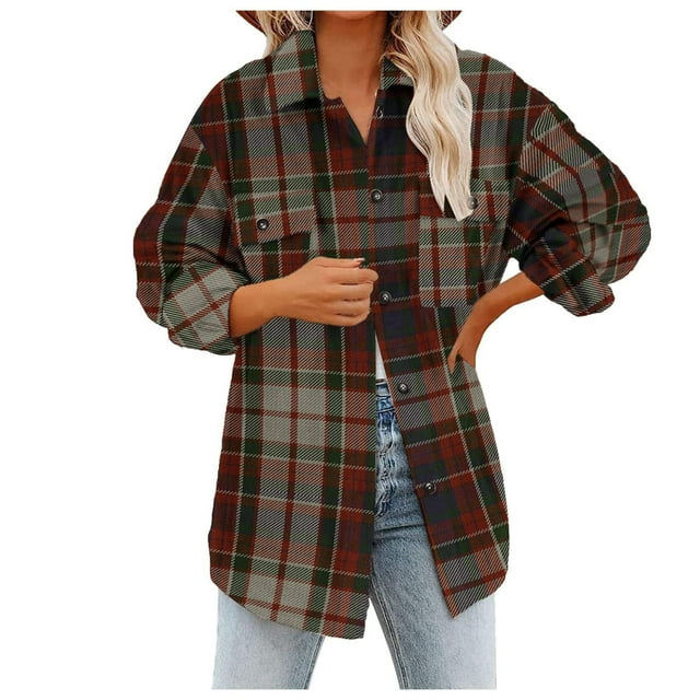 Qertyioot Womens Plaid Shirts Flannel Jacket Shacket Plaid Color Block Buttons Down Collar Plaid Loose Plus Size