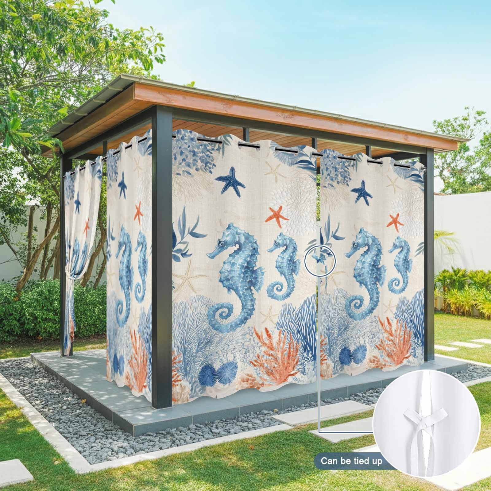 Sea Corals Seahorse Outdoor Curtains for Patio, Summer Beach Sea Stars Linen Texture Sunshade Privacy Drapes Grommet Waterproof Outside Curtains for Porch/Cabana/Balcony 54"x 108", 1 Panel