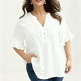thumbnail image 2 of YUGYXL Women's Loose Fit Plus Size Tops Ruffle 1/4 Sleeve Blouse V Neck Pleated Front Button Down Shirts Casual Tunic White XXXL, 2 of 5