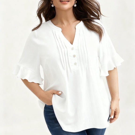 HongQid Womens Tops V Neck Blouses for Women Dressy Casual Flowy Ruffle Short Sleeve Linen Shirts