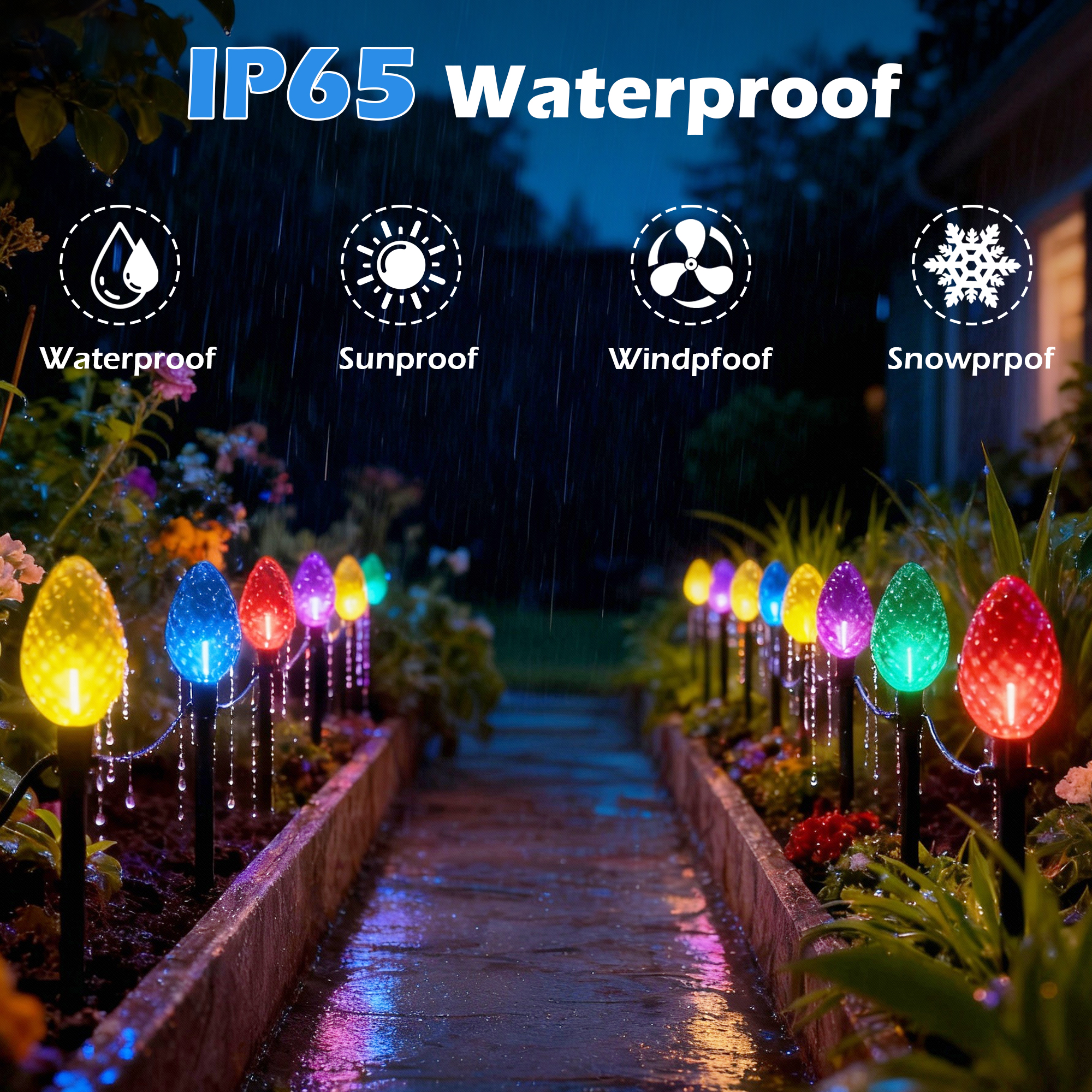 Beatineon 23ft C9 Faceted Pathway Lights, 12 Multicolor Christmas String Lights with 12 Ground Stakes, IP65 Waterproof Connectable Outdoor Decor, ETL Listed
