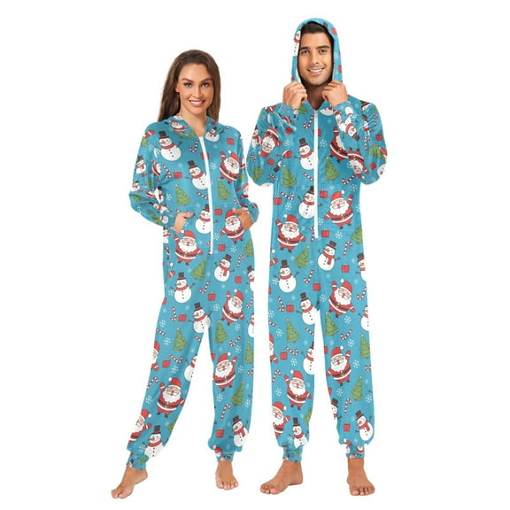Adult Christmas Onesie Santa Claus Snowman Pattern Zipper One-Piece Pajamas Unisex with Pockets