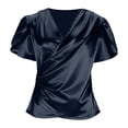 thumbnail image 7 of Sillenn Women's Satin V-Neck Blouse Puff Short Sleeve Wrap Front Ruched Waist Top Silky Slim Fit Elegant Shirt Satin Silk Shirt Dressy Casual Office Work Tops Trendy Going Out Cropped Blouses Navy L, 7 of 7