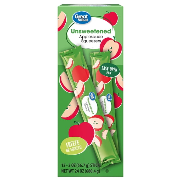 Great Value Unsweetened Apple, Applesauce Squeezers, Box of 12 - 2oz Sticks