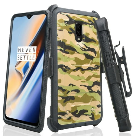 Compatible for OnePlus 6T Case, Shockproof Phone Cover with Belt Clip Holster & Built-in Screen Protector Full Coverage Protector - Military