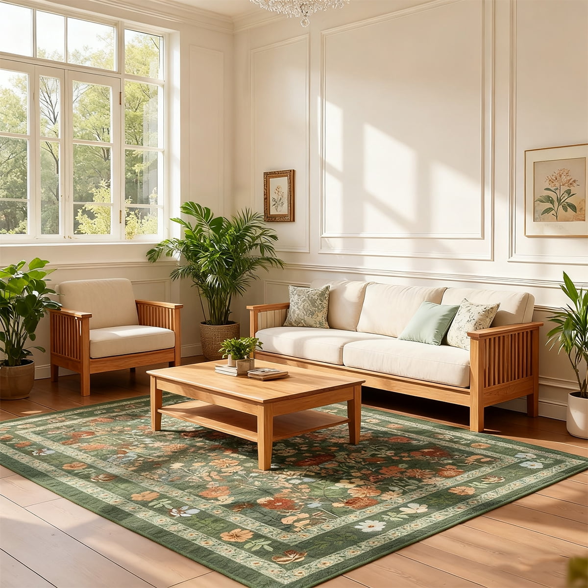 Washable Floral Rug 5'x7', Soft Low-Pile Area Rug, Bohemian Non-Slip Living Room Rug, Green Floral