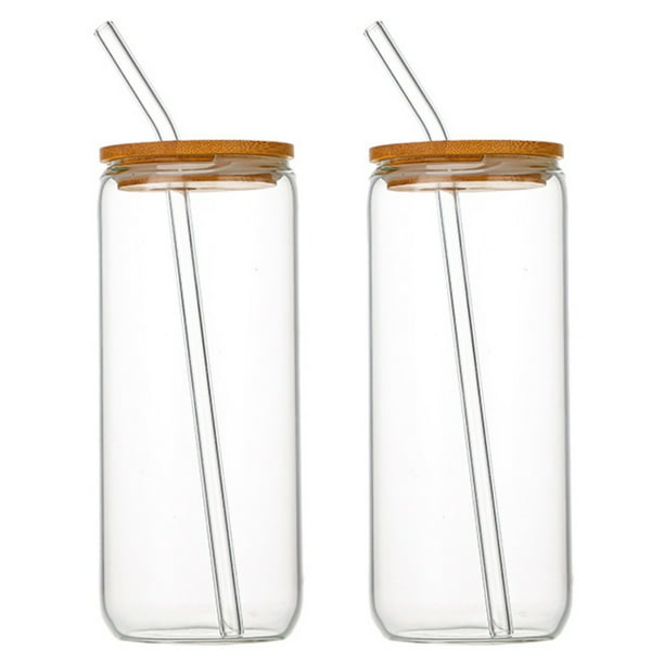 Regalo elegante, vasos de vidrio de borosilicato con tapas y pajitas, juego de vasos de café helado transparentes de 500 ml, diseño recto, aptos para lavavajillas, pajitas de vidrio reutilizables