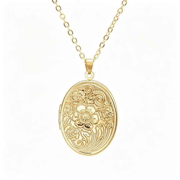 DESIGNICE Vintage Engraved Flower Empaistic Photo Locket Hold Picture Oval Round Pendant Necklace Antique Carved Pattern Souvenir Memorial Clavicle Jewelry for Women
