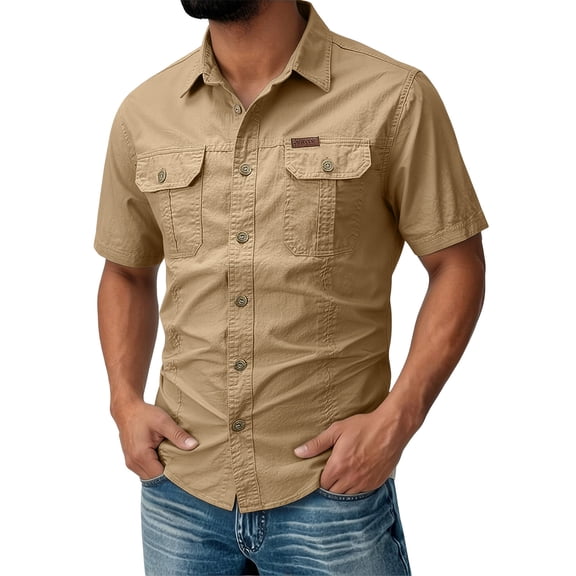 Havenx Mens Short Sleeve Fishing Safari Button Down Collared Cargo Shirt with Pockets Tops Cargo Tactical Outdoor Work Hiking Workwear,Khaki XL