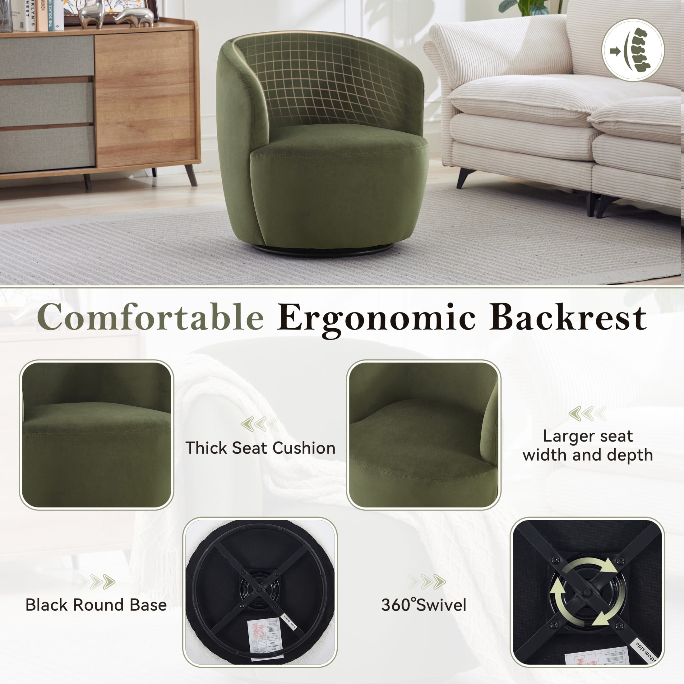 Noble House Valda Upholstered Velvet Barrel Chair, Swivel Reading Lounge Armchair with Metal Base for Bedroom, Green