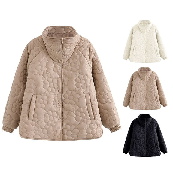 Jinhomg Button Down Puffer Jacket for Women Trendy Floral Print Stand Collar Padded Coat Plus Size Comfy Long Sleeve Outerwear with Pockets Black XXL