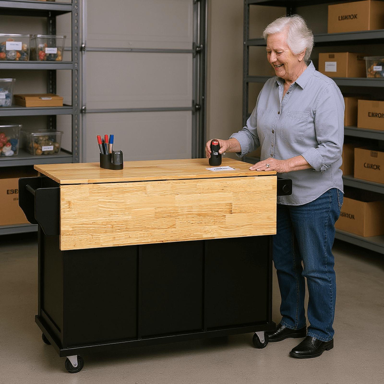 Homy Casa Rolling Garage Storage Cabinet with Drop-Leaf Worktop, Adjustable Shelves, Black